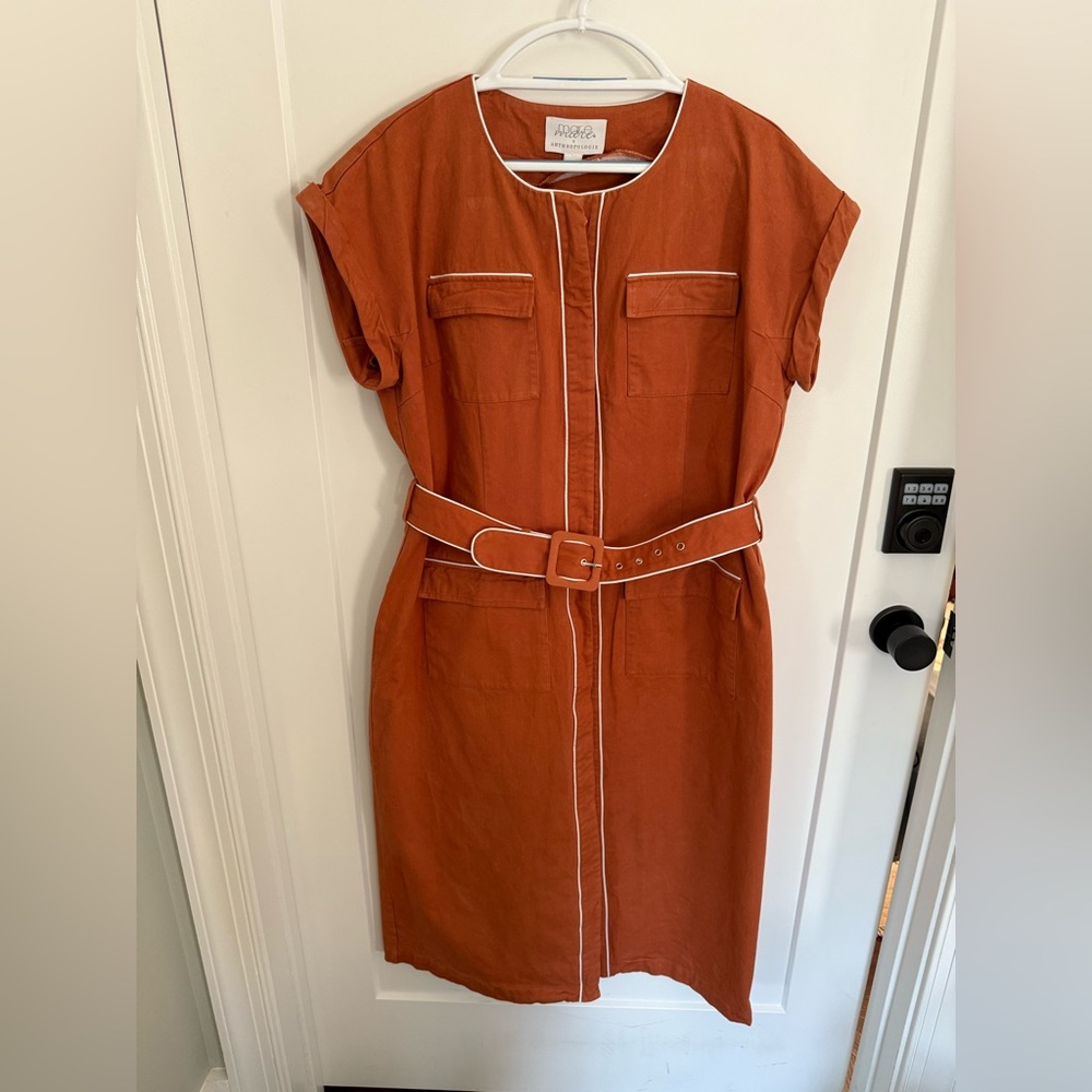 Anthropologie Rust Belted Shirt Dress with White Piping